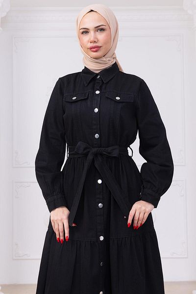 hafsamina Button Front Belted Denim Dress Hm2764 Black