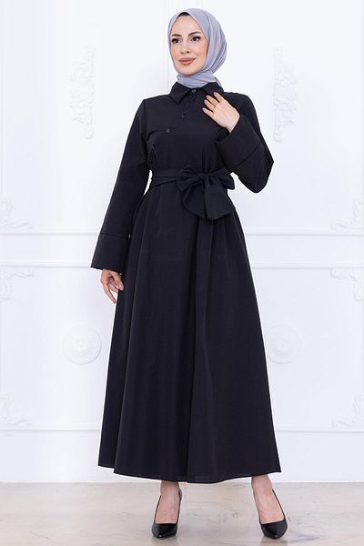 hafsamina Front Cross Button Belted Dress Black Hm2755