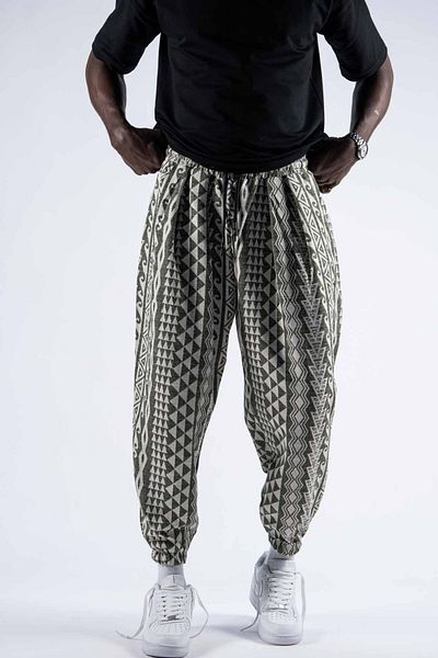 Superbluemexico Men's Patterned Elastic Green Baggy Trousers