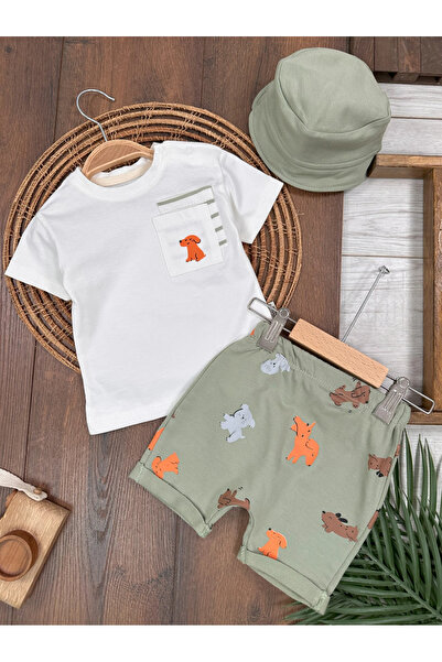 Bolly Baby Sevimli Köpek Baskılı Safari Şapkalı Cep Detaylı Şortlu Yazlık Erk...
