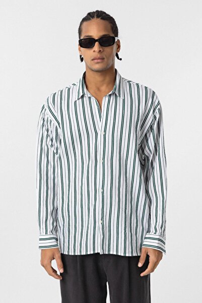 VAMOSCLO Ριγέ μακρυμάνικο oversized λινό πουκάμισο πράσινο