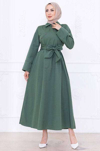 hafsamina Front Cross Button Belted Dress Green Hm2755