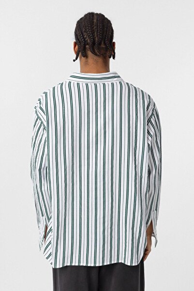 VAMOSCLO Ριγέ μακρυμάνικο oversized λινό πουκάμισο πράσινο