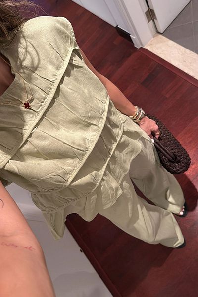 FMN Moda Linen Fabric Drape Shirring Detail O-Neck Stand-Up Sleeve Blouse High Waist Palazzo Pants Pinterest Suit