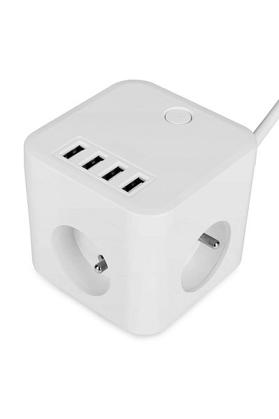 OEM Cube Extension Cord with 3 Sockets and 4 USB Ports, 1.5m Cable, LED Indicator, White