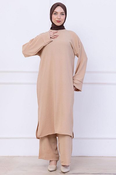hafsamina Ayrobin Suit with Long Tunic Beige Hm2770