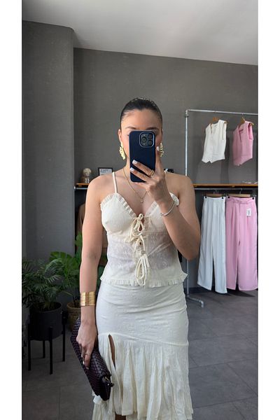 YOUR NAME Bow Detailed Lace Strap Blouse