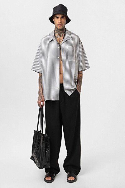 VAMOSCLO Çizgili Kısa Kol Oversize Gömlek Antrasit