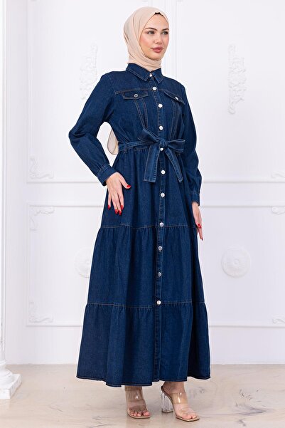 hafsamina Τζιν φόρεμα με κουμπιά μπροστά και ζώνη HM2764 Σκούρο Μπλε