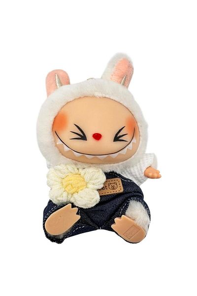 BaoBao Plus Labubu White 15cm – Fall in Wild – Collectible Figure with Fur Coat and Denim Overalls, BaoBao