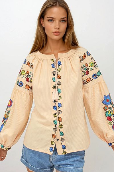 VAGGON Women's Salmon Judge Collar Tassel Lace Embroidered Dobby Woven Shirt Vs00243