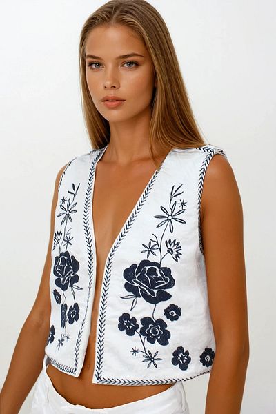 VAGGON Women's White Embroidery Detailed Lined Textured Crop Vest Vs00242