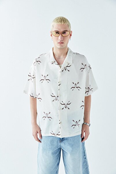 VAMOSCLO Оверсайз сорочка без кишень з коротким рукавом та візерунком, екрю