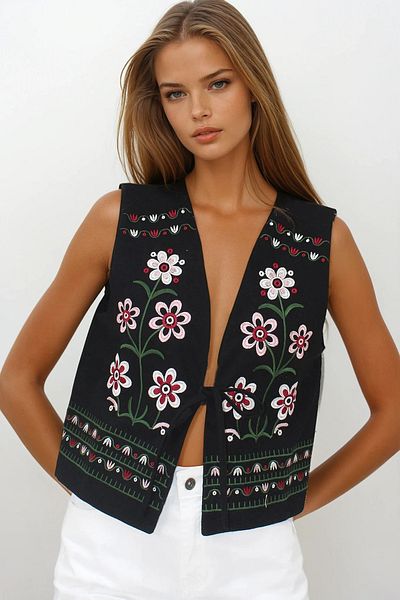 VAGGON Women's Black Embroidered Lace Detailed Design Raw Linen Vest Vs00241