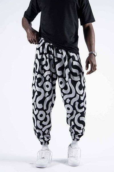 Superbluemexico Men's Patterned Elastic White Baggy Trousers