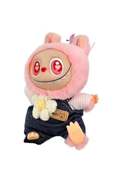 BaoBao Pink Labubu Plush 15cm – Fall in Wild – Collectible with Fur Coat and Denim Jumpsuit, BaoBao