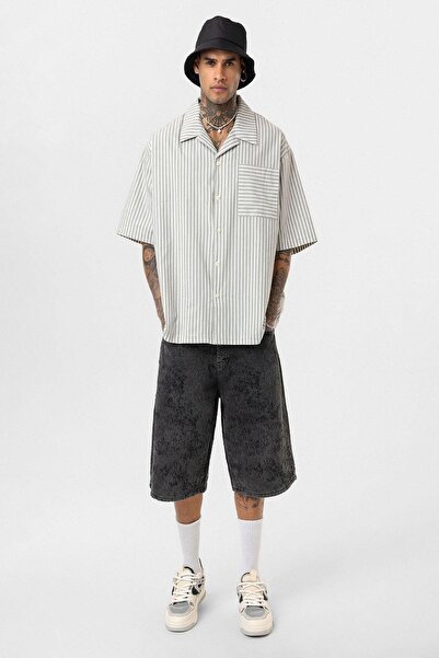 VAMOSCLO Striped short sleeve Oversized shirt khaki