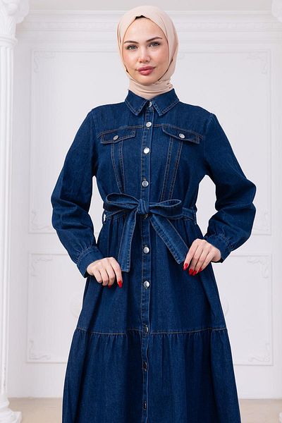 hafsamina Button Front Belted Denim Dress Hm2764 Dark Blue