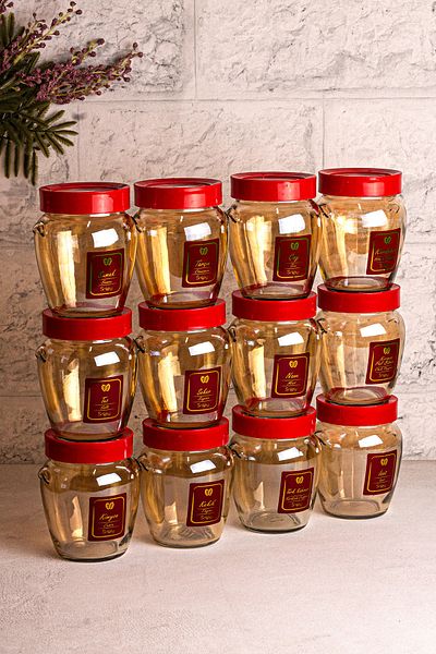 Snippy Ruby Gold- Set of 12 Vacuumed Red Plastic Lids and Labeled Glass Spice Jar Storage Containers 580ml