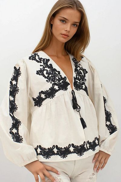 VAGGON Women's Beige Embroidered Binding Detailed Raw Linen Jacket Vs00239