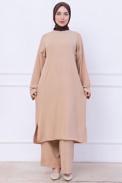 hafsamina Ayrobin Suit with Long Tunic Beige Hm2770