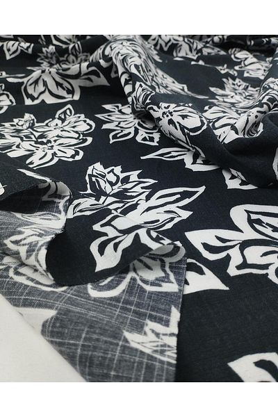 Kumaş Parça Black and White Floral Cotton Linen (Width 150 cm X Length 285 cm)