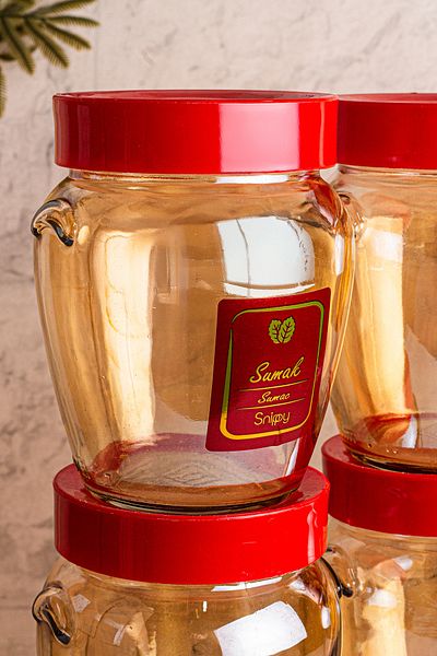 Snippy Ruby Gold- Set of 12 Vacuumed Red Plastic Lids and Labeled Glass Spice Jar Storage Containers 580ml