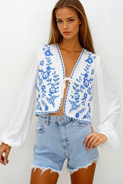 VAGGON Women's Blue Embroidered Tie Ceten Crop Jacket Vs00235