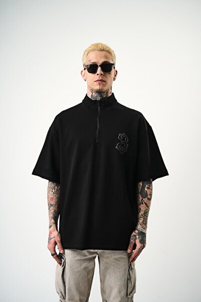 Respire Чоловіча 3 вишита напівзастібка-блискавка Oversize T-Shirt Чорний