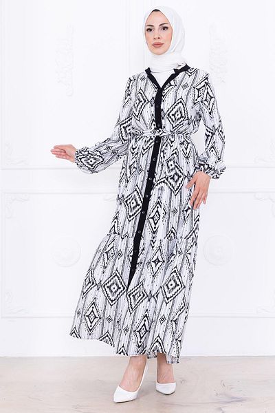 hafsamina Buttoned Belted Viscose Dress Black Hm2761