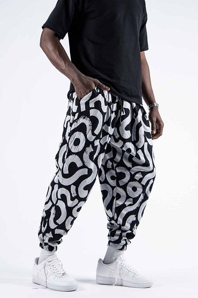 Superbluemexico Men's Patterned Elastic White Baggy Trousers