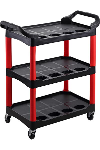 Lawazim عربة أدوات بلاستيكية بثلاث طبقات - أحمر وأسود