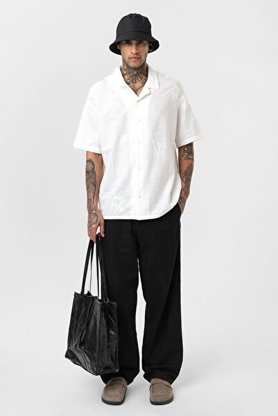 VAMOSCLO Oversize Embroidery Detailed Short Sleeve Shirt Ecru