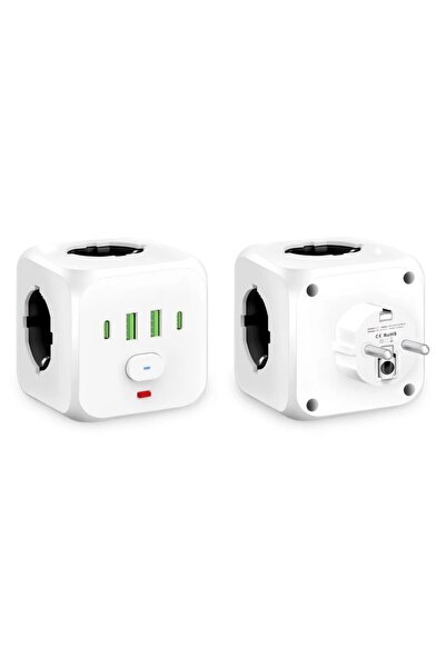 OEM Adaptor priză tip cub 7 în 1, 3 x AC, 2 x USB-C, 2 x USB-A, Protecție la supraîncălzire / supratensiune, 100-240V,
