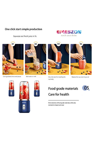 EMESZON Mini storcător portabil de fructe cu blender, EMESZON® BLD1000, încărcare micro USB, putere 40W 21000 RPM, albastru