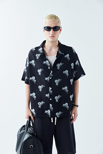 VAMOSCLO Desenlı Kısa Kol Oversize Gömlek Siyah