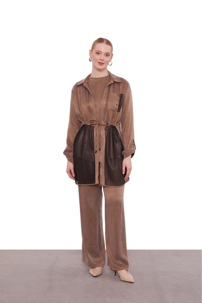 Levidor 100612 BELİ BÜZGÜLÜ ÖNÜ FİLE DETAYLI İÇ BLUZ SIFIR KOL PANTOLON BELİ MANŞETLİ ÜÇLÜ KUPRA SPOR TAKIM