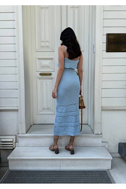 manana fashion Rochie midi de vară pentru femei, tricotaj ajurat, cu gât cu bretele albastre