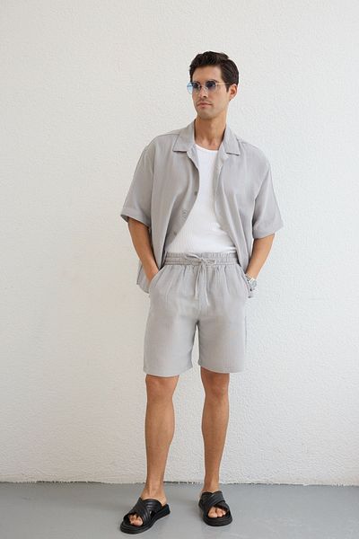 Livio Ferri Xar Men's Oversize Muslin Shorts Shirt Suit 100% Cotton Soft Feel