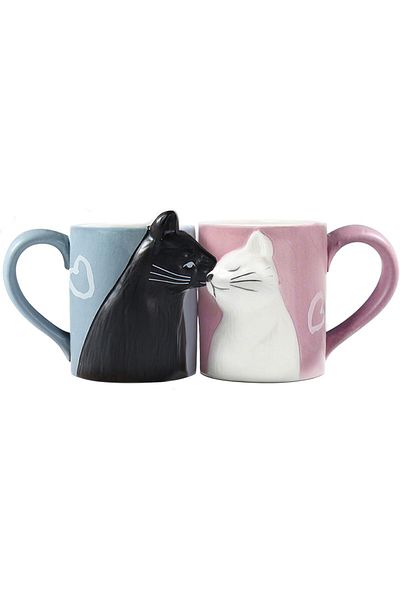 BigNoseDeer Kiss Cat Coffee Couple Mug Set, Unique Funny Tea Ceramic Cup Set for Bride and Groom