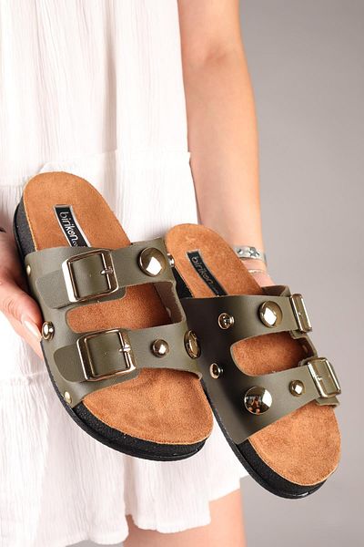 Birikon Marty Round Accessory Double Buckle Slippers Khaki