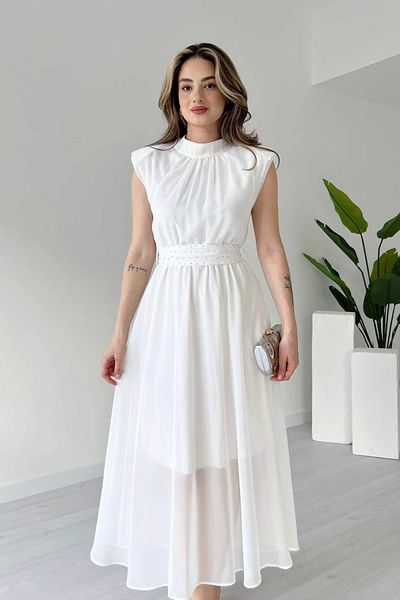Aventien White Chiffon Dress with Stone Belt Detail