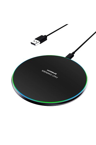 EMESZON Încărcător wireless 15W cu încărcare rapidă, EMESZON® W1, LED circular, Ultrasubțire, pentru telefoane mobile, Negru