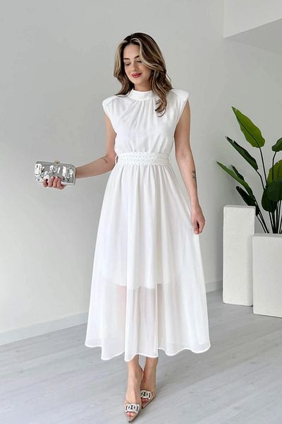 Aventien White Chiffon Dress with Stone Belt Detail