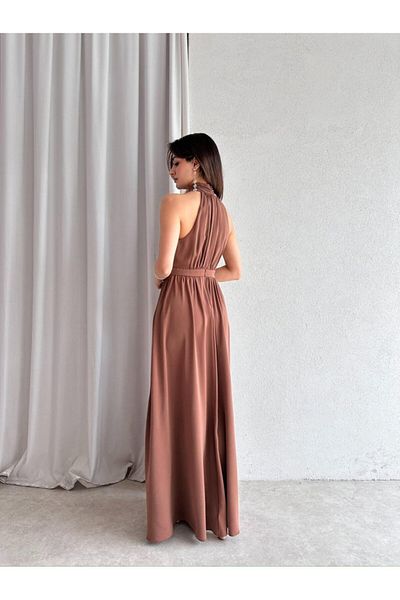 KOSHKA MODA Mink Halter Neckline Slit Long Dress