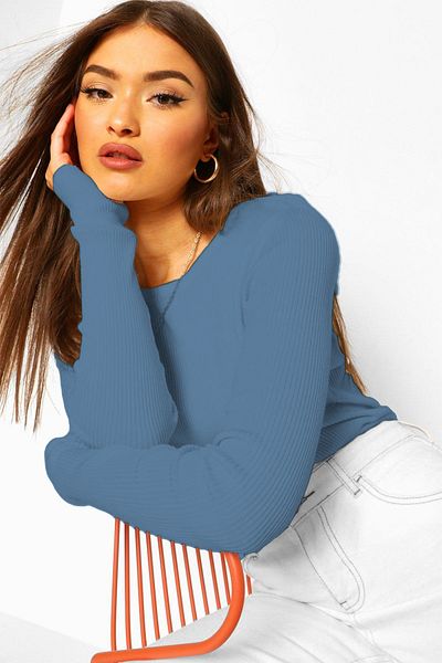 CHEISU Tricou cu mânecă lungă, cu decolteu, pentru femei, în culoarea indigo deschis, bluză, camisole, twill