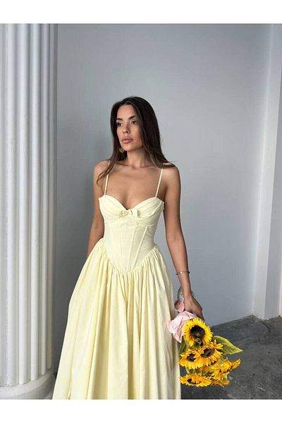 MAXMOOR فستان ROSESA KORSAJ بتفاصيل من قماش البوبيلين الأصفر