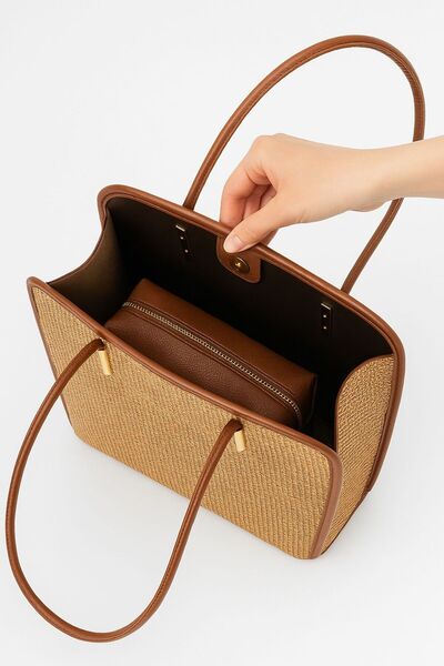 Timeless Brown Straw Textured Shoulder Bag – Leather Detail, Zippered Inner Compartment