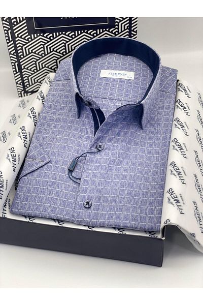 Fitmens Classic Short Sleeve Herringbone Check Gift Boxed Men's Shirt Fs-004154 - Navy Blue