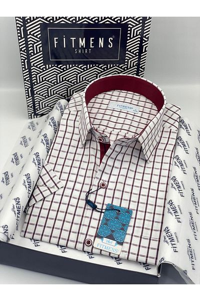 Fitmens Classic Short Sleeve Checkered Gift Boxed Men's Shirt Fs-004155 - White Burgundy